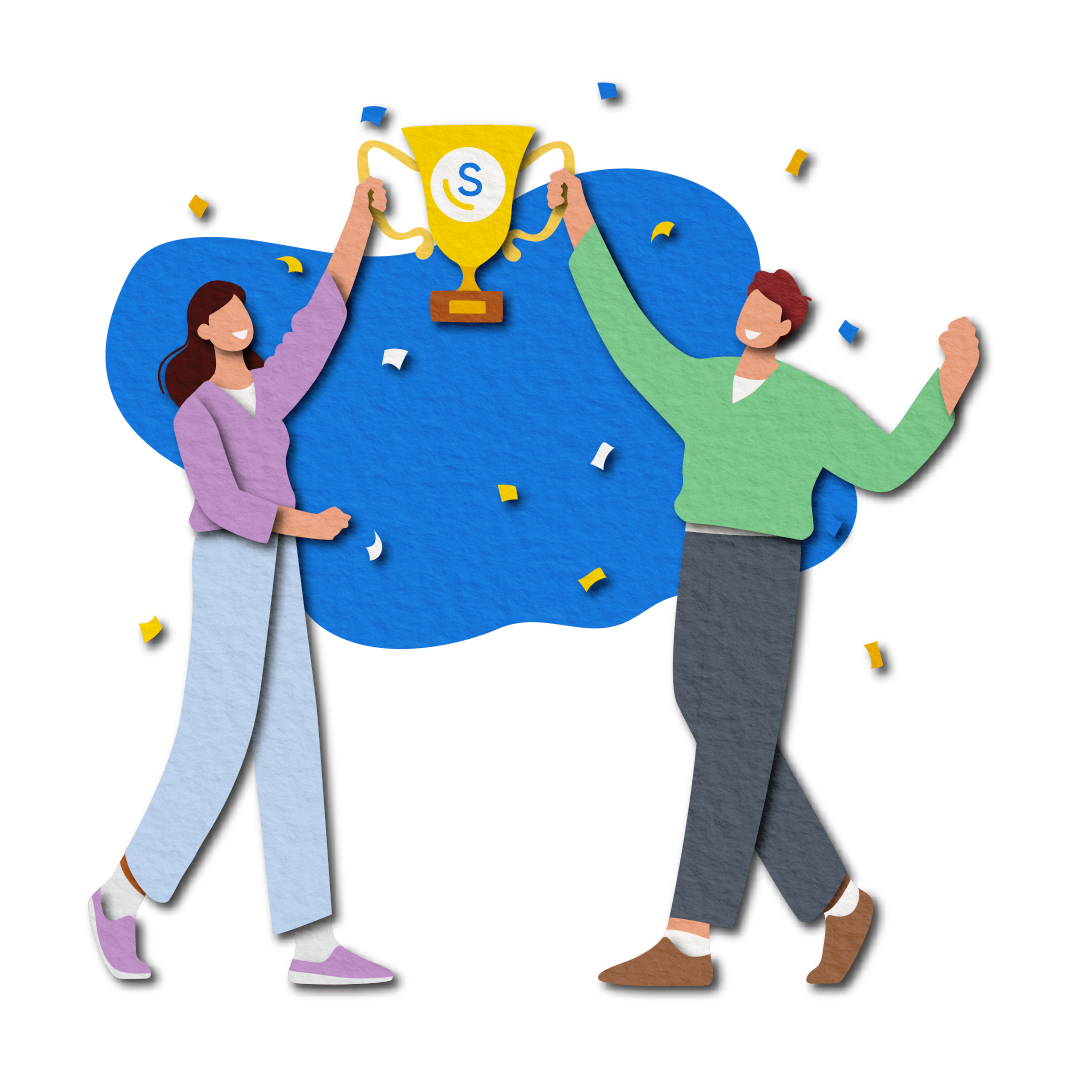 Swing_Illustration_Two subs casual raising trophy and celebrating_blue-background